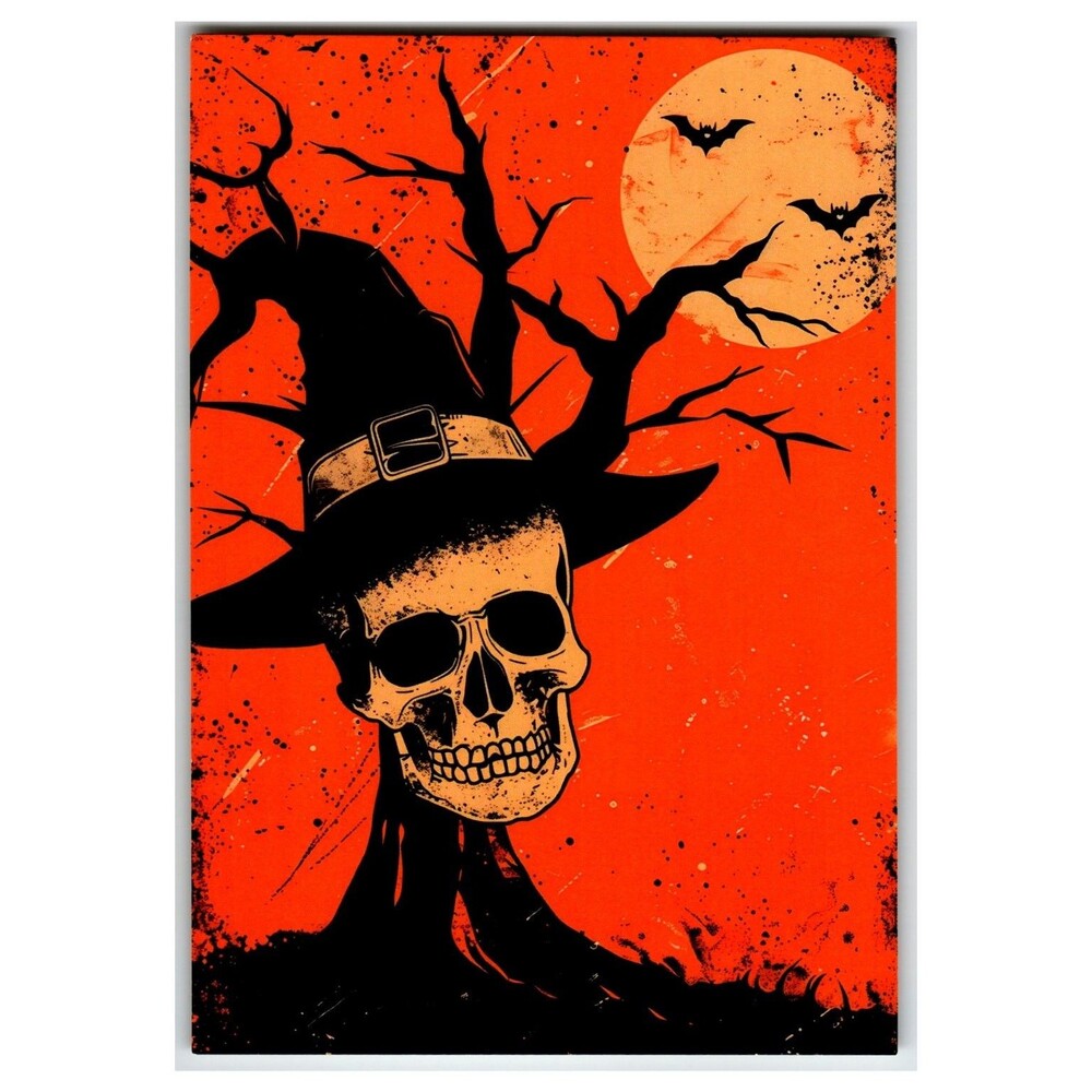 Halloween Witch Skull Bats Full Moon Spooky Tree Art Postcard